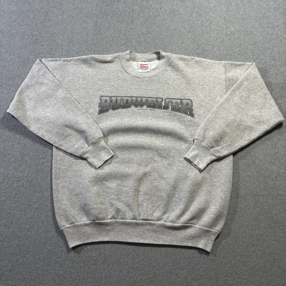 Vintage 90s Budweiser Sweatshirt Large Hanes Gray Spell Out Crewneck Beer USA